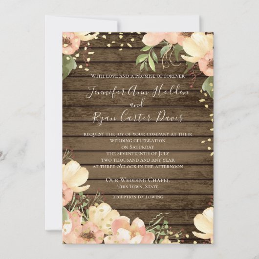 Blush Floral Rustic Wood Watercolor Wedding Einladung (Vorderseite)