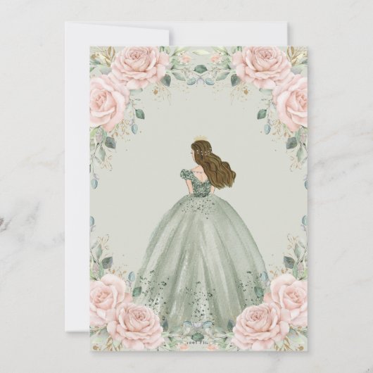 Blush Floral Sage Green Princess Gown Quinceañera Einladung (Rückseite)