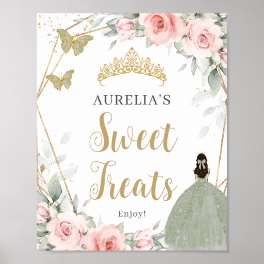 Blush Floral Sage Green Quinceanera Sweet Leckerei Poster (Vorne)