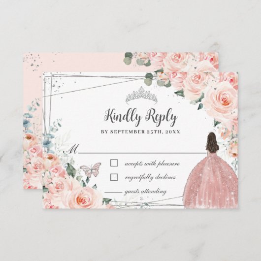 Blush Floral Silver QUINCEAÑERA Kleidung Schmetter RSVP Karte (Vorne/Hinten)