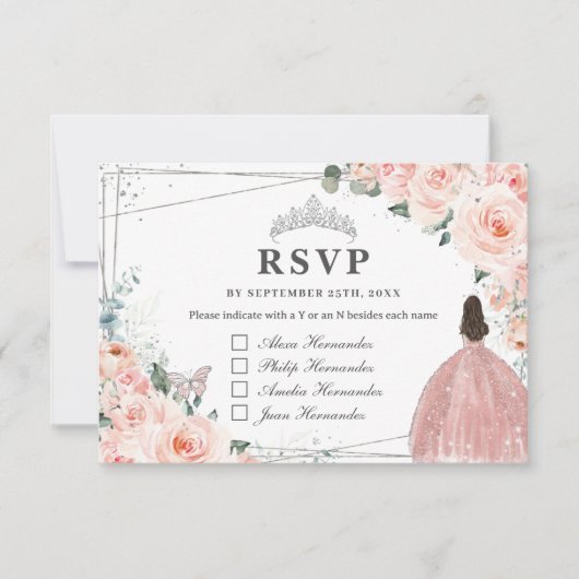 Blush Floral Silver QUINCEAÑERA Reply Guest Names RSVP Karte (Vorderseite)