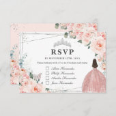 Blush Floral Silver QUINCEAÑERA Reply Guest Names RSVP Karte (Vorne/Hinten)