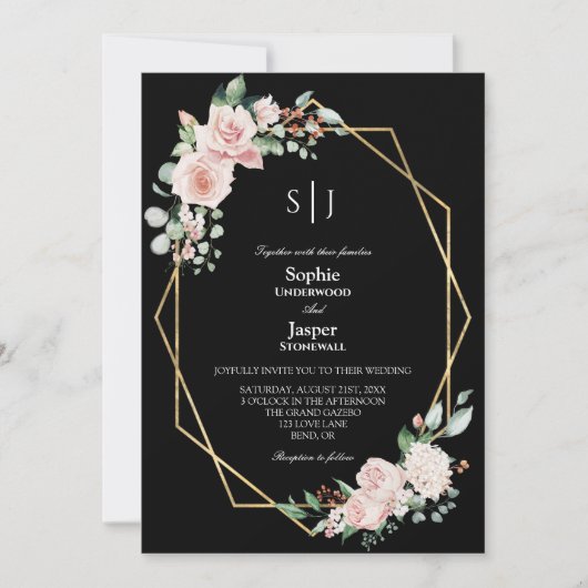 Blush Floral Simple Black Monogram Wedding Einladung (Vorderseite)