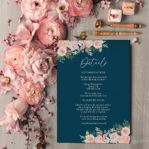 Blush Floral Simple Navy Hochzeitsdetails Begleitkarte