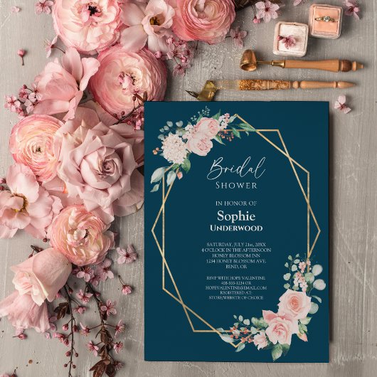 Blush Floral Simple Navy Hochzeitssemble Brautpart Einladung