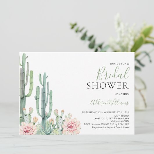 Blush Floral Succulents Cactus Brautparty Einladung (Stehend Vorderseite)