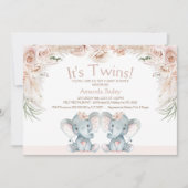 Blush Floral Twin Elephants Babydusche Einladung (Vorderseite)