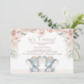 Blush Floral Twin Elephants Babydusche Einladung (Stehend Vorderseite)