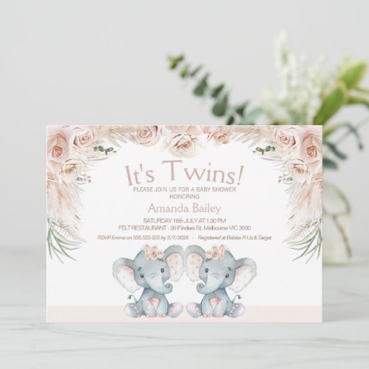 Blush Floral Twin Elephants Babydusche Einladung (Stehend Vorderseite)