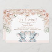 Blush Floral Twin Elephants Babydusche Einladung (Vorne/Hinten)