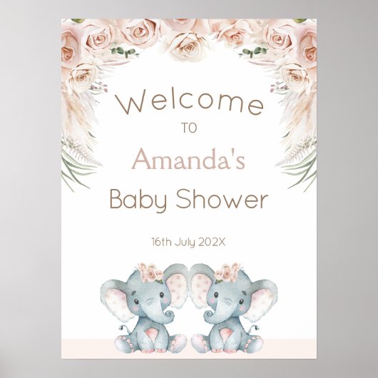 Blush Floral Twin Elephants Babydusche Willkommen Poster (Vorne)