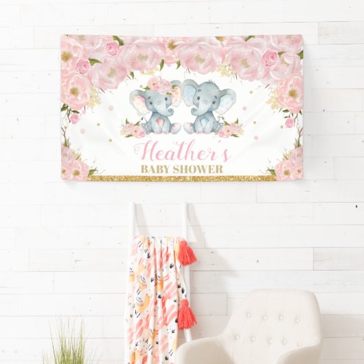 Blush Floral Twins Elephant Baby Dusche Hintergrun Banner (Insitu)