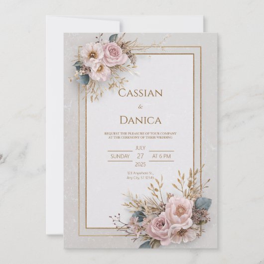 Blush Floral und Gold Rahmen Hochzeit Einladung (Vorderseite)