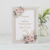 Blush Floral und Gold Rahmen Hochzeit Einladung (Stehend Vorderseite)
