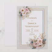 Blush Floral und Gold Rahmen Hochzeit Einladung (Vorne/Hinten)