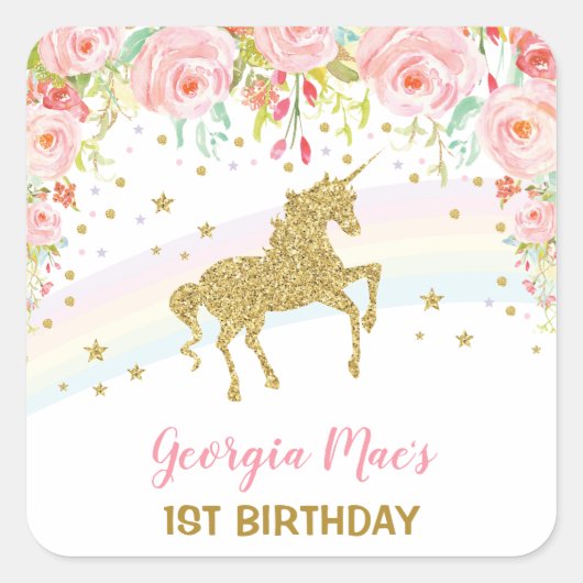 Blush Floral Unicorn Geburtstag Gutes Sticker Tag (Vorderseite)