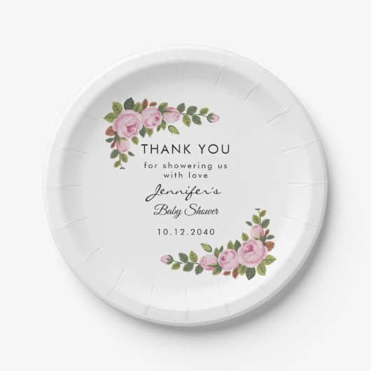 Blush Floral Vielen Dank Baby Dusche Papierplatte Pappteller (Vorderseite)