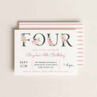 Blush Floral VIER | 4. Geburtstag Party Einladung