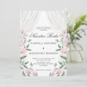 Blush Floral Vorhang Nuestra Boda Spanische Hochze Einladung (Stehend Vorderseite)