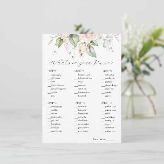 Blush Floral Was ist in Ihrer Purse Bridal Game Ca Einladung (Stehend Vorderseite)