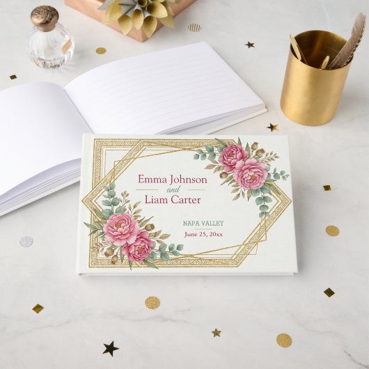 Blush Floral Watercolor Roses & Eucalyptus Wedding Gästebuch (Vorderseite Offen)
