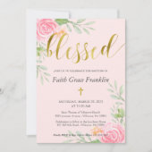Blush Floral Watercolor und Gold gesegnete Taufe Einladung (Vorderseite)