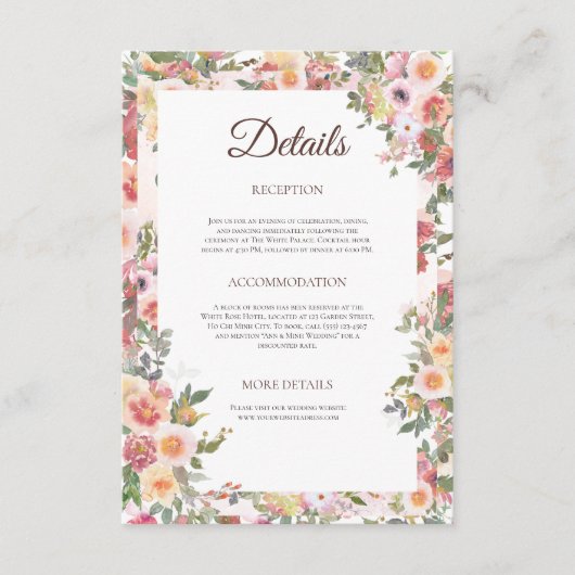 Blush Floral Wedding Details Card Begleitkarte (Vorderseite)