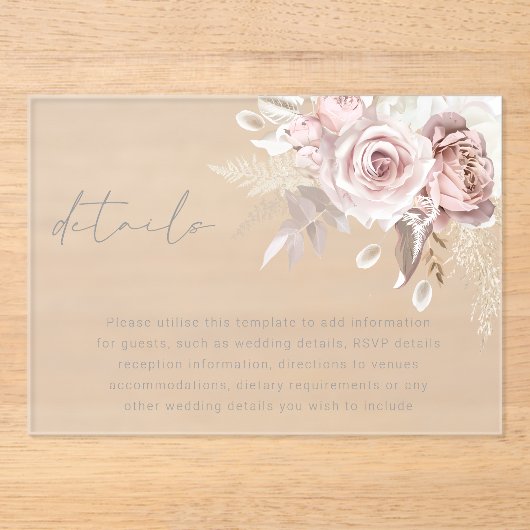 Blush Floral Wedding Details Eintrittskarte Acryleinladungen (Vorderseite)