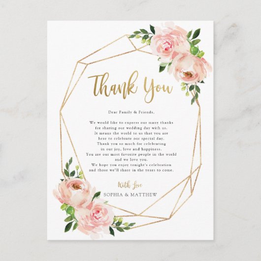 Blush Floral Wedding Geometric Danke Post Card Postkarte (Vorderseite)
