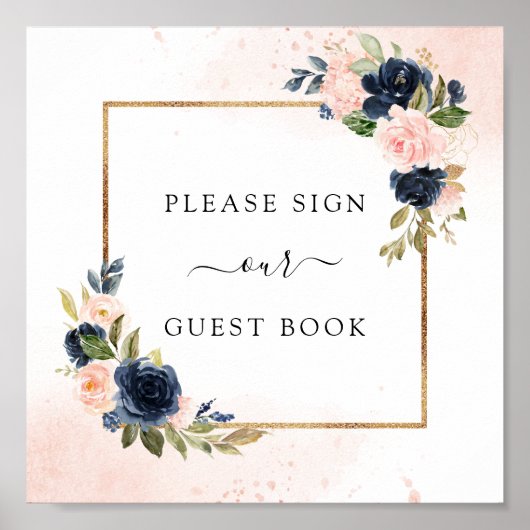 Blush Floral Wedding Guest Book Square Zeichen Poster (Vorne)