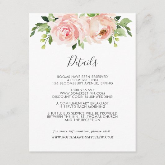 Blush Floral Wedding Guest Details Begleitkarte (Vorderseite)