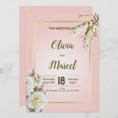 Blush Floral Wedding Invitation with Gold Frame (Vorne/Hinten)