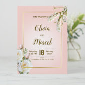 Blush Floral Wedding Invitation with Gold Frame (Stehend Vorderseite)
