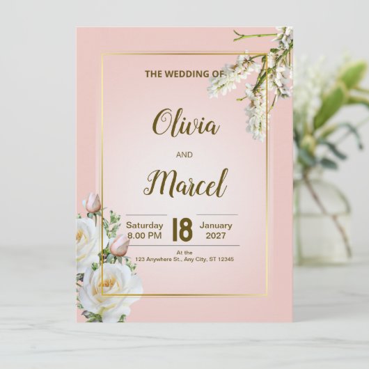 Blush Floral Wedding Invitation with Gold Frame (Stehend Vorderseite)