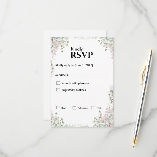 Blush Floral Wedding | Minimalistisches Skript RSVP Karte (Vorderseite/Rückseite Beispiel)