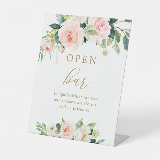 Blush Floral Wedding Open Bar Sign Sockelschild (Vorderseite)