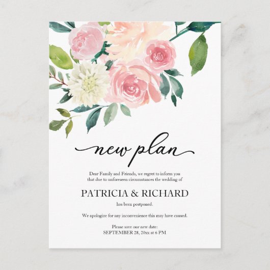 Blush Floral Wedding Postponement Neuer Plan Postkarte (Vorderseite)