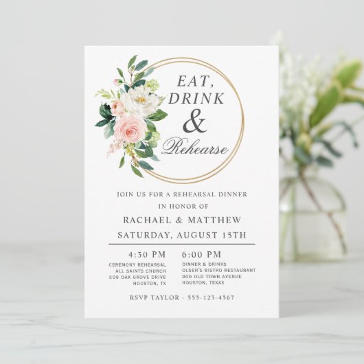 Blush Floral Wedding Probe Dinner Einladung (Stehend Vorderseite)