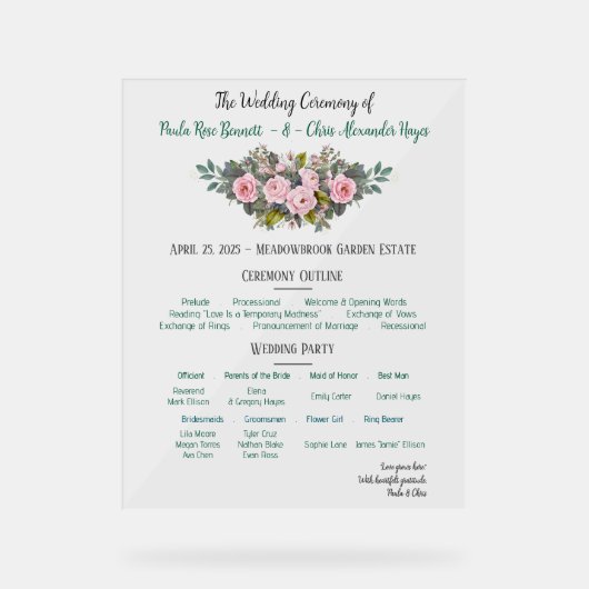 Blush Floral Wedding Program Acrylschild (Vorderseite)