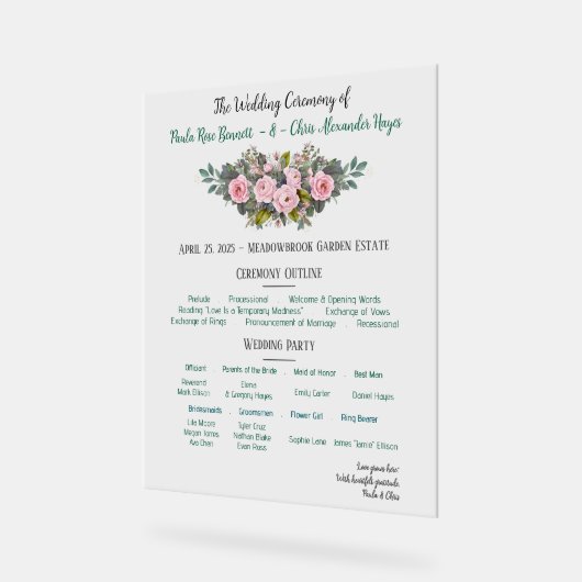 Blush Floral Wedding Program Acrylschild (Winkel)