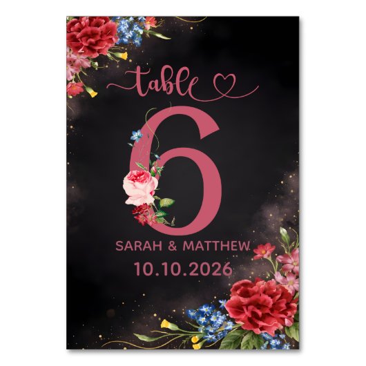 Blush Floral Wedding Table Number  6 Card Tischnummer (Vorderseite)