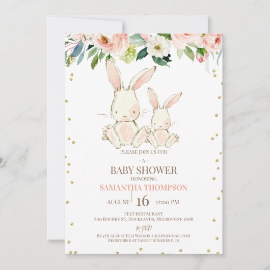 Blush Floral White Bunnies Girls Babydusche Einladung (Vorderseite)