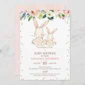 Blush Floral White Bunnies Girls Babydusche Einladung (Vorne/Hinten)