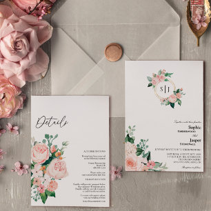 Blush Floral White Monogramm alle in einer Hochzei Einladung