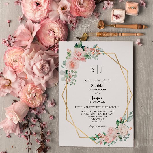 Blush Floral White Simple Monogram Wedding Einladung