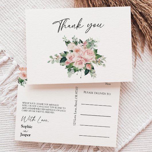 Blush Floral White Wedding Danke Postcard Postkarte
