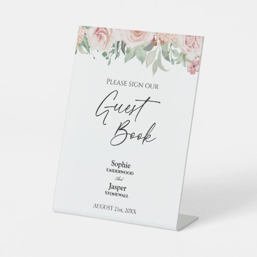 Blush Floral White Wedge Guest Book Sign Sockelschild (Vorderseite)