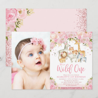 Blush Floral Wild Safari Tiere Mädchen 1. Geburtst Einladung