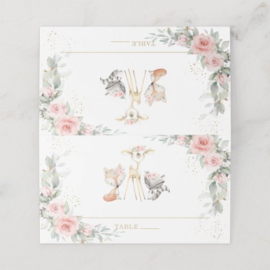 Blush Floral Woodland Animals Baby Dusche Geburtst Platzkarte (Außenseite Aufgefaltet)