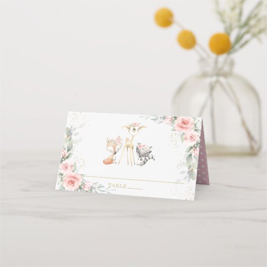 Blush Floral Woodland Animals Baby Dusche Geburtst Platzkarte (Vorderseite)